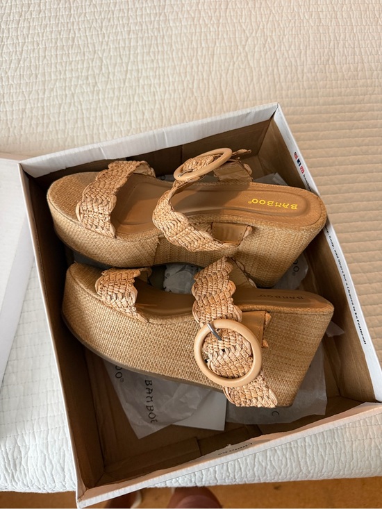 BAMBOO Shoes - BAMBOO Natural Tan Woven Platform Sandals with Round Buckle